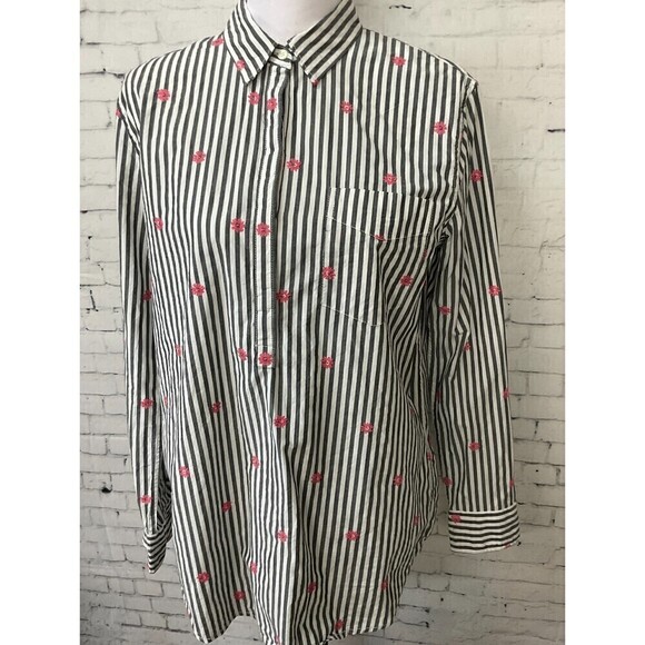 Gap Women Button Up Shirt Gray White Pink Daisy Long Sleeve Classic Fit … - Picture 2 of 12